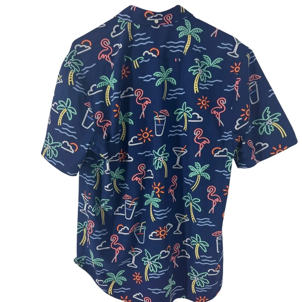 Chubbies Mens Large Neon Flamingo Palm Tree Tropical Navy Short Sleeve Shirt‎ L
